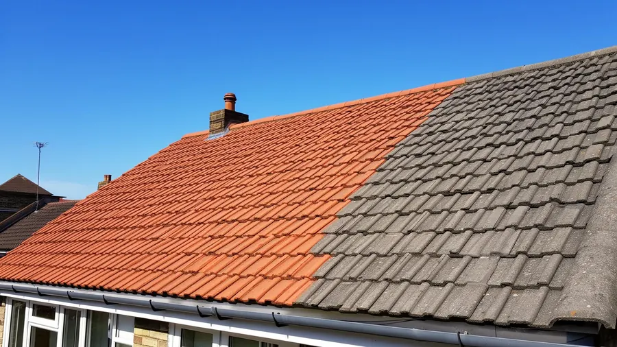 Before and after moss removal on a tiled UK roof